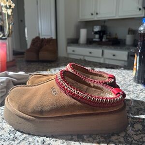 UGG Tan Slippers with Red Trim